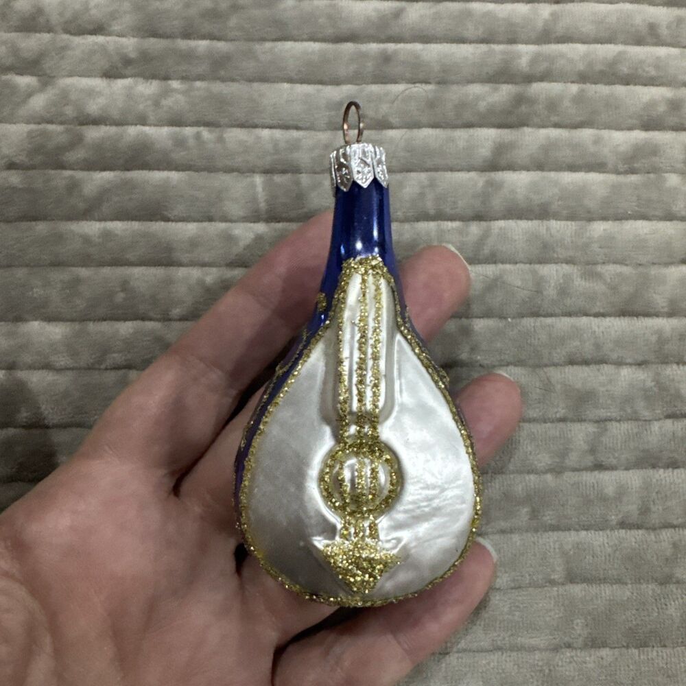 Vintage Mandolin Blown Glass Christmas Ornament Blue Music Glitter